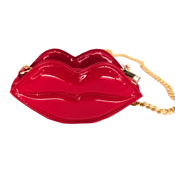 Anthropologie Glossy Red Patent Leather Lips Chain Strap Mini Handbag Retro Glam - Picture 2 of 14